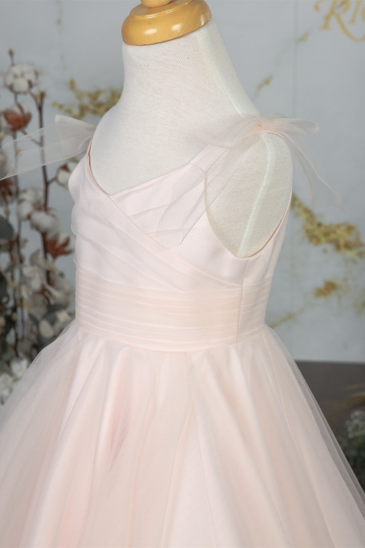 Pink Bow Tie Shoulder Pleated Tulle Long Flower Girl Dress