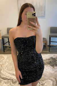 Black Sequins Strapless Mini Homecoming Dress