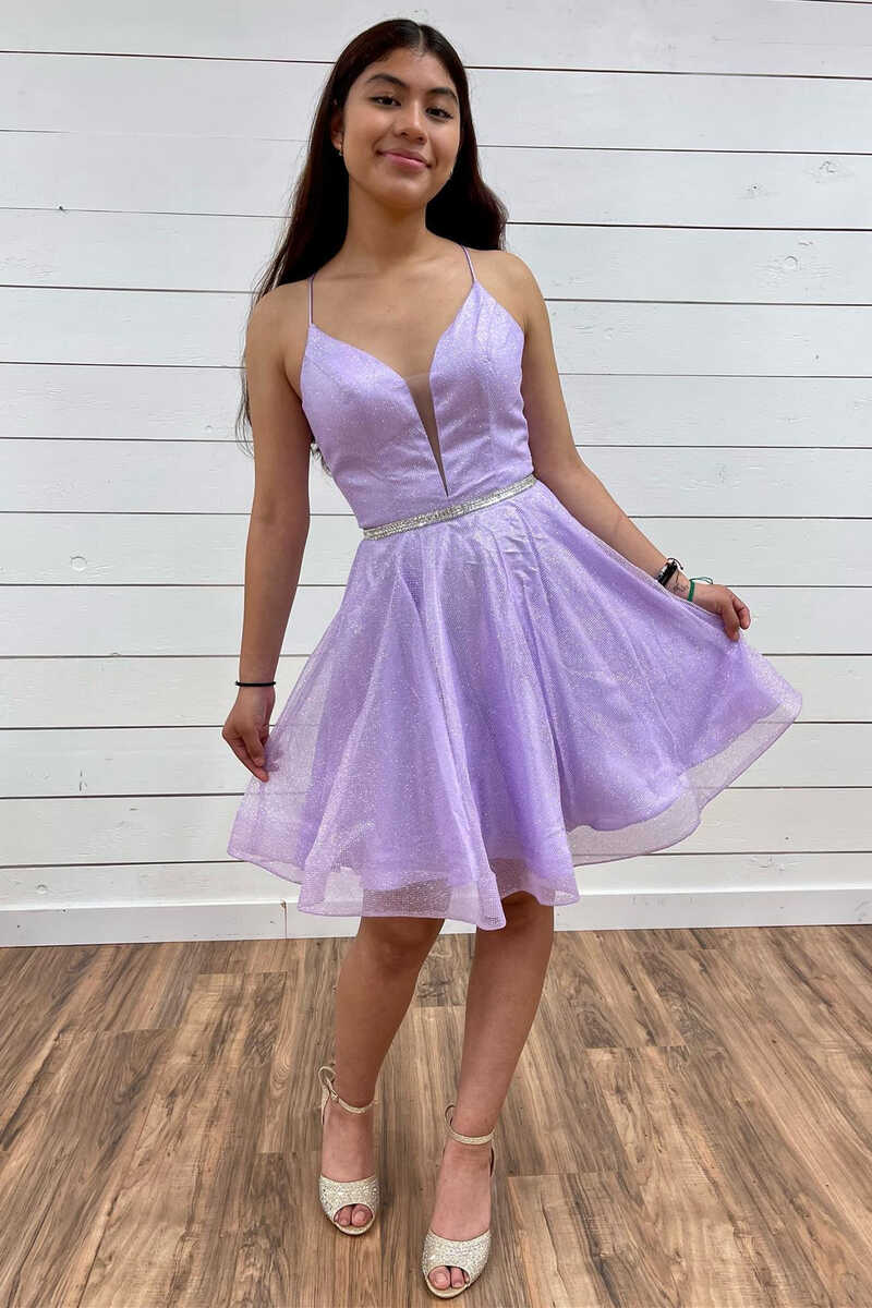 A-Line Lavender Plunge V-Short Homecoming Dress