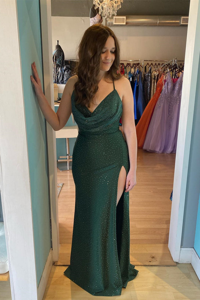 Green Mermaid Cowl Neck Beaded Lace-Up Back Long Prom Dress with Slit