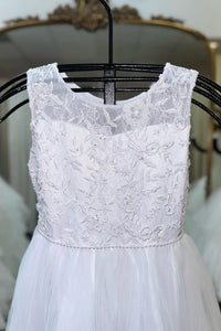 White Jewel Sleeves Beaded Lace Long Flower Girl Dress