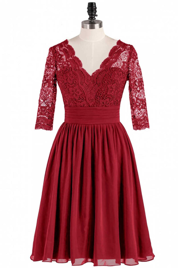 Red Lace V-Neck Backless Short Bridesmaid Dress
