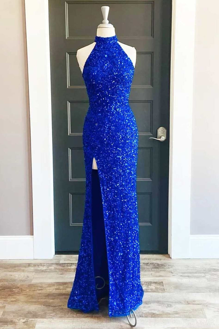 Blue Sequin Halter Long Formal Dress with Slit