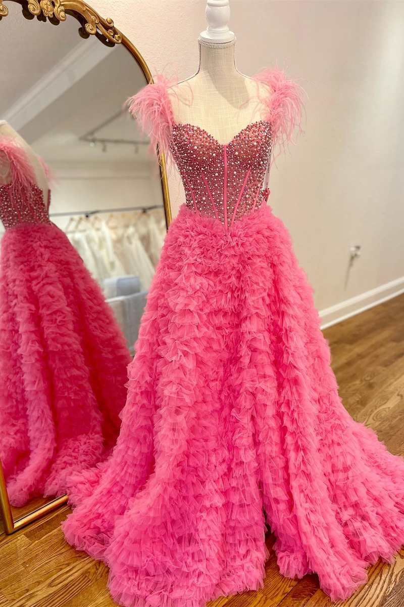 Hot Pink Beaded Feather Off-the-Shoulder Tiered Long Prom Dress with Slit