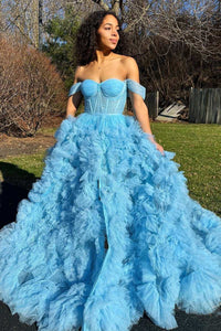 Blue Ruffles Off-the-Shoulder A-Line Prom Gown with Slit