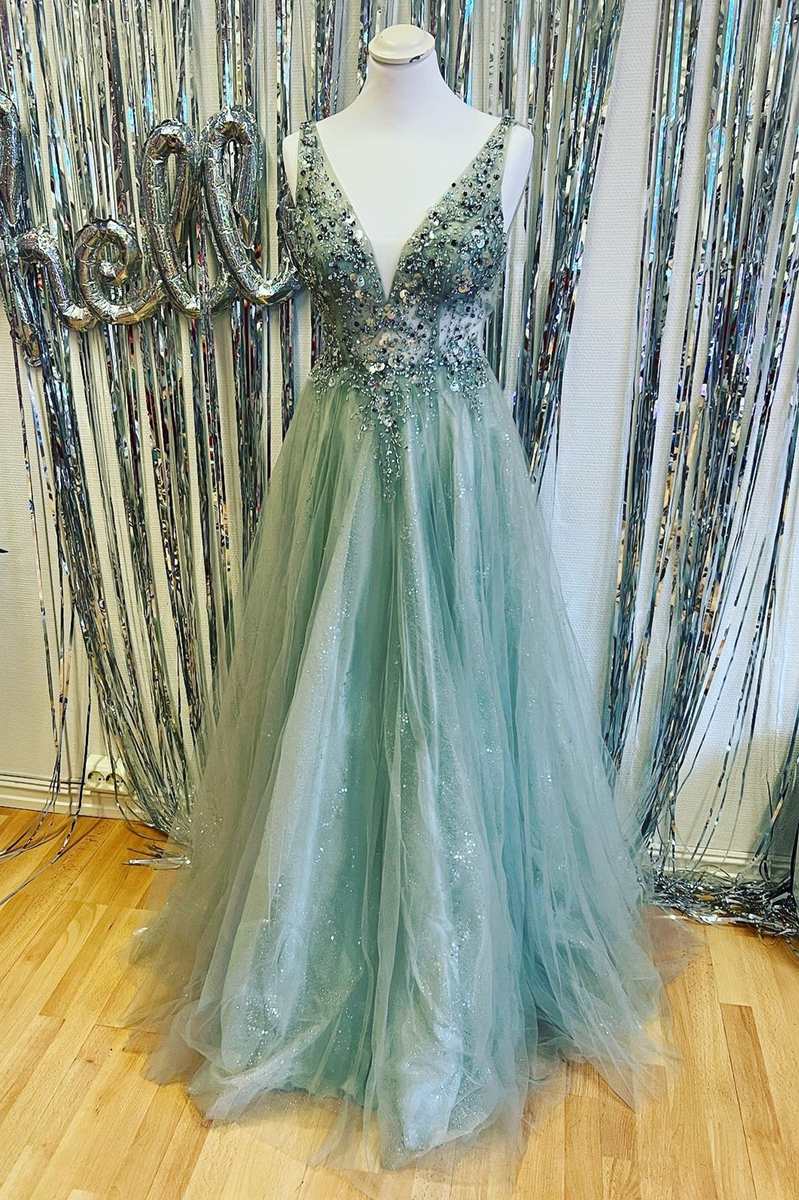 Tulle V-neck Gray Beading Backless A-line Prom Dress With Beadings Tulle V-neck Gray Beading Backless A-line Prom Dress With Beadings