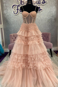 Blushing Pink Tulle Ruffle Layers Lace-Up Back A-Line Prom Dress