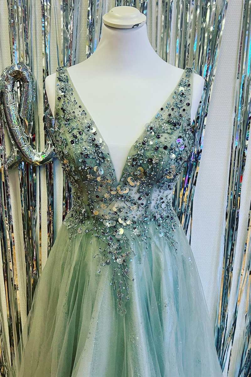 Mint Green Beaded V-Neck Backless A-Line Prom Dress