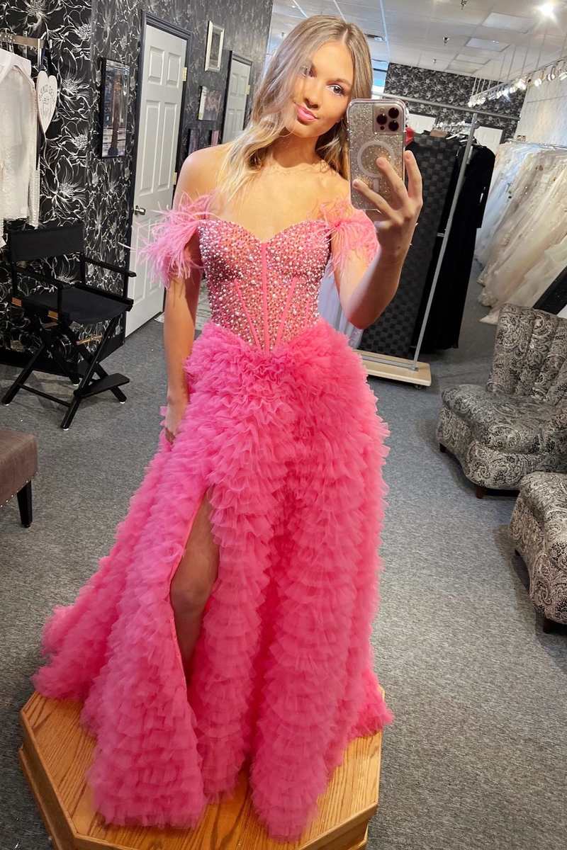 Hot Pink Beaded Feather Off the Shoulder Tiered Long Prom Dress with Slit