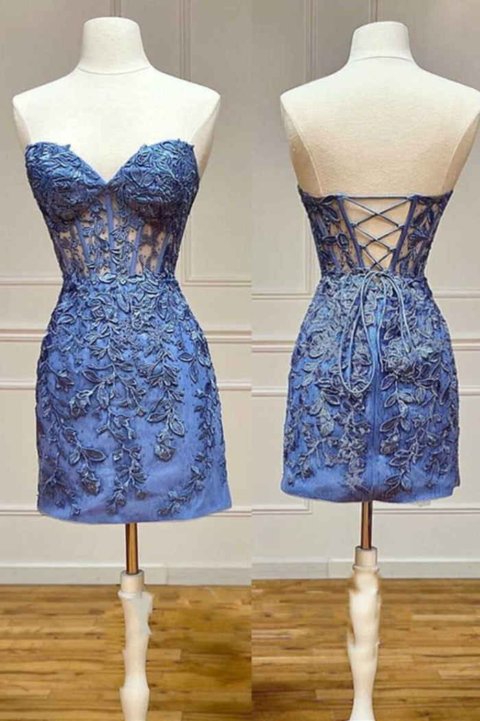 Periwinkle Blue Appliques Strapless Lace-Up Mini Party Dress