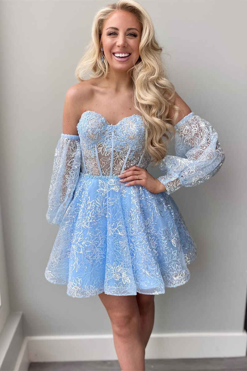 Blue Lace Bustier A-Line Short Homecoming Dress with Detachable Sleeve