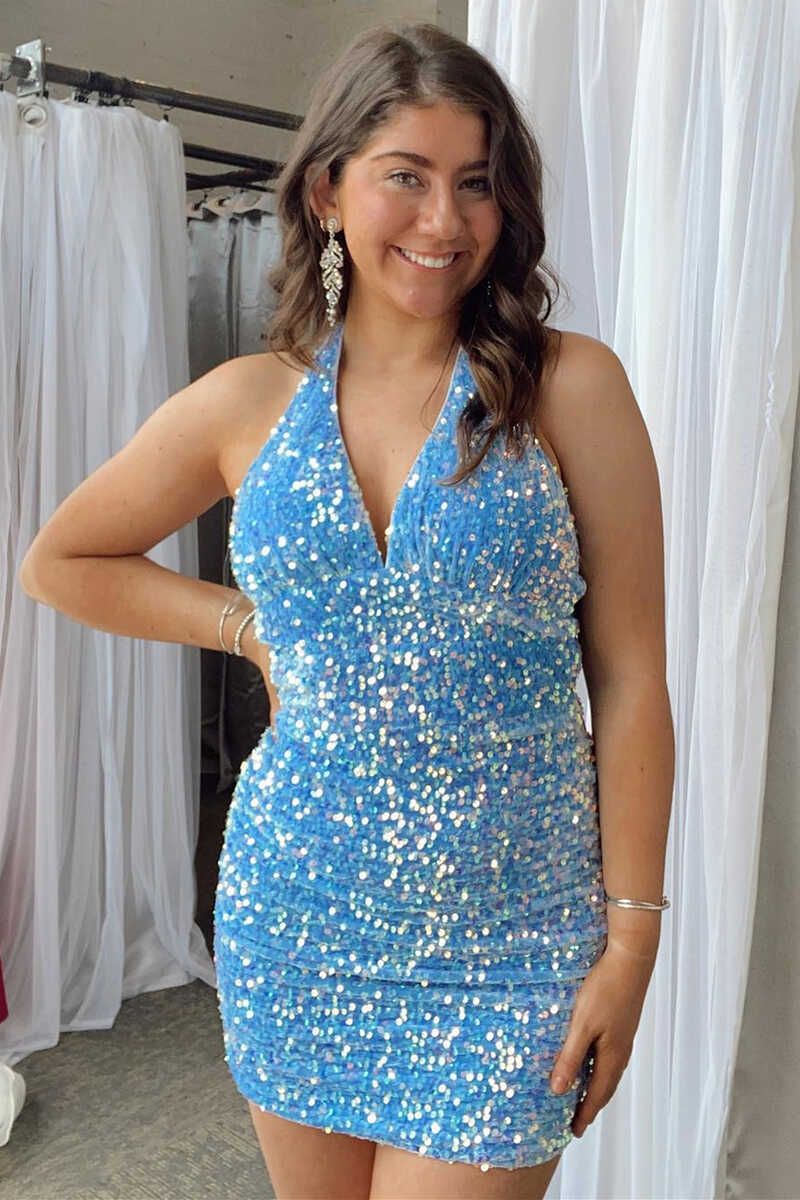 Light Blue Sequin Halter Bodycon Short Homecoming Gown