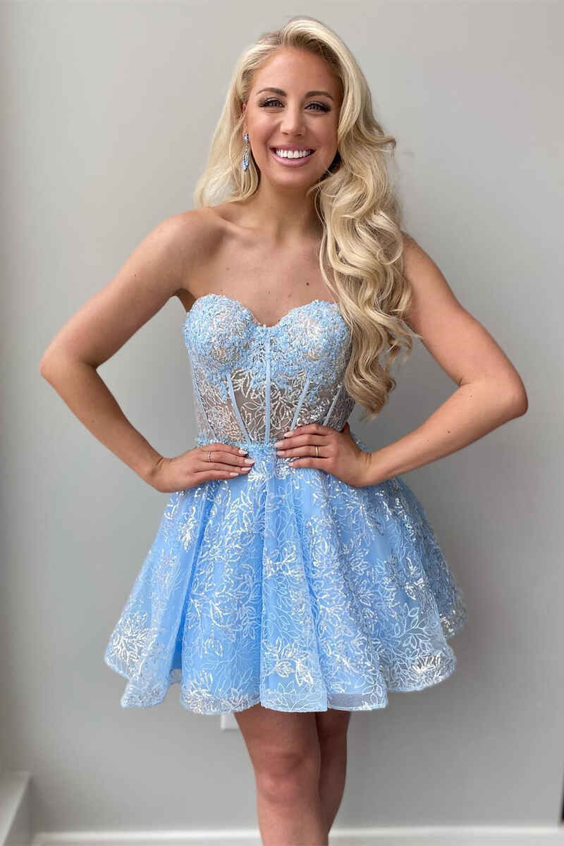 Blue Lace Bustier A-Line Short Homecoming Dress with Detachable Sleeve