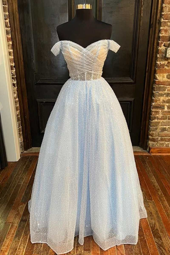 Sparkle Light Blue Off-the-Shoulder A-Line Prom Gown