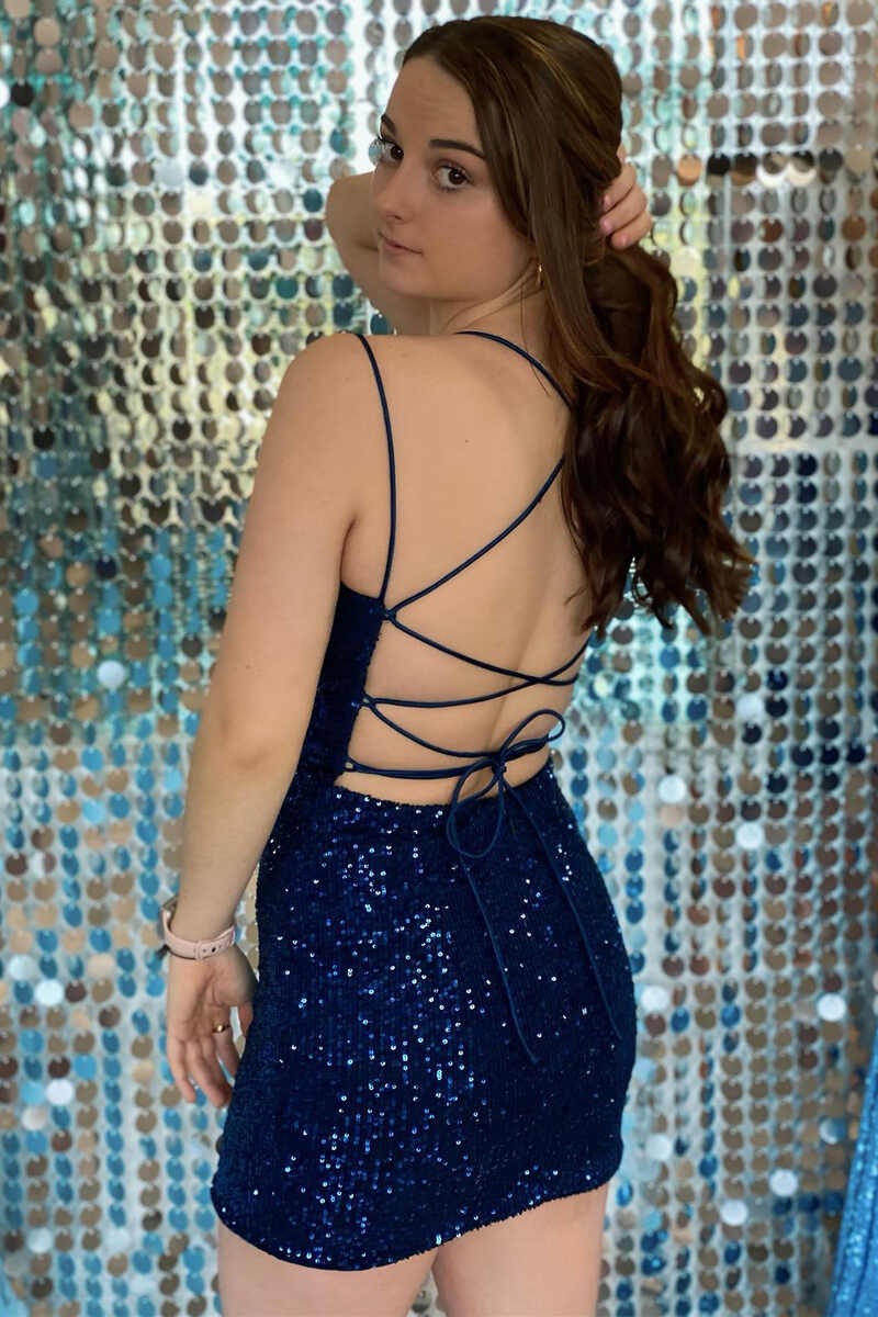 Navy Blue Sequins Lace-Up Mini Homecoming Dress