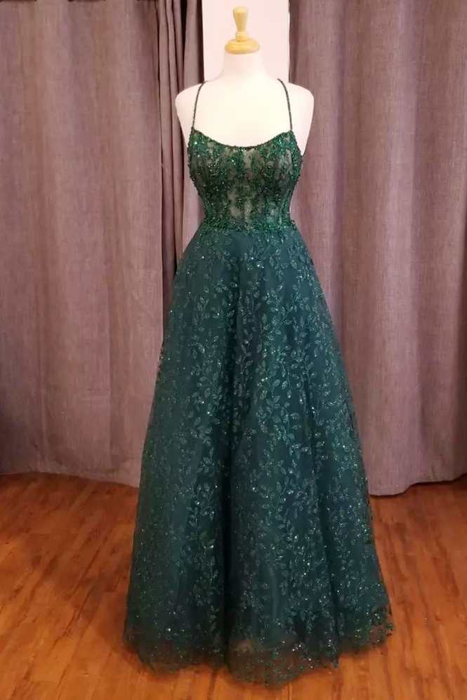 Hunter Green Floral Lace Scoop Neck A-Line Formal Dress