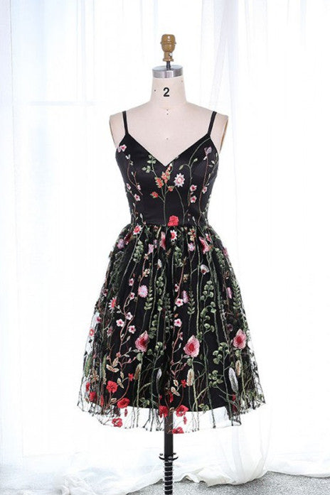 Cute Straps Embroidered Black Floral Homecoming Dress