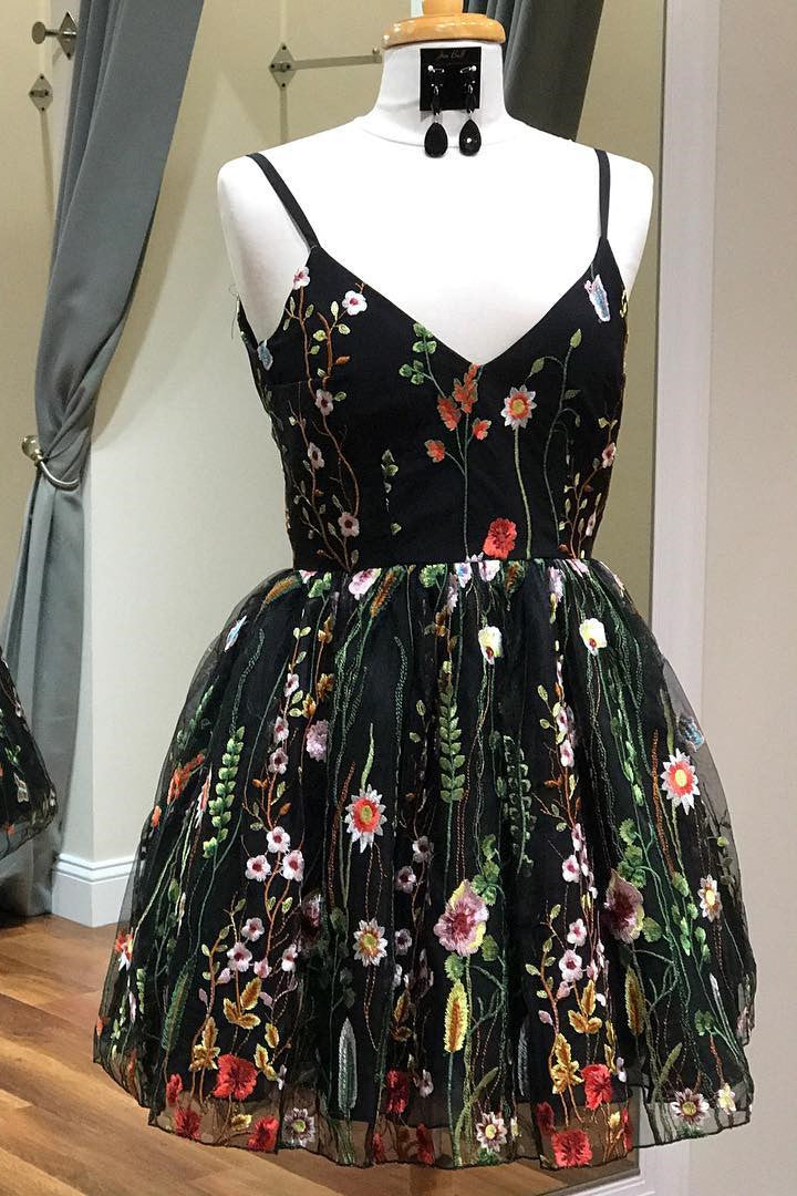 Cute Straps Embroidered Black Floral Homecoming Dress – Dreamdressy