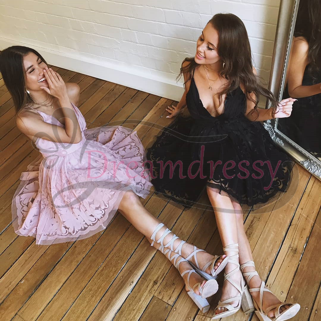 Deep V-Neck Short Pink Lace Homecoming Dress Deep V-Neck Short Pink Lace Homecoming Dress