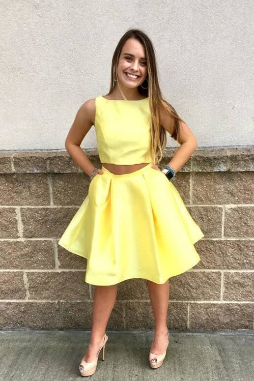 Cheap Two Piece Short Yellow Homecoming Dress under 100
