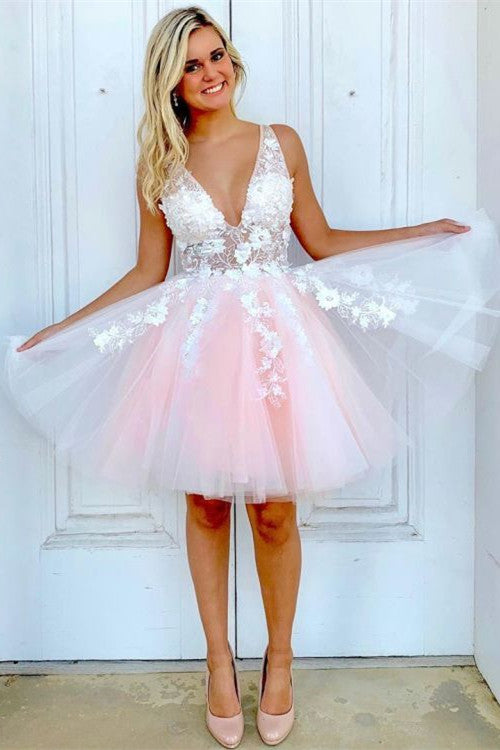 V Neck Short Pink and White Homecoming Dress
