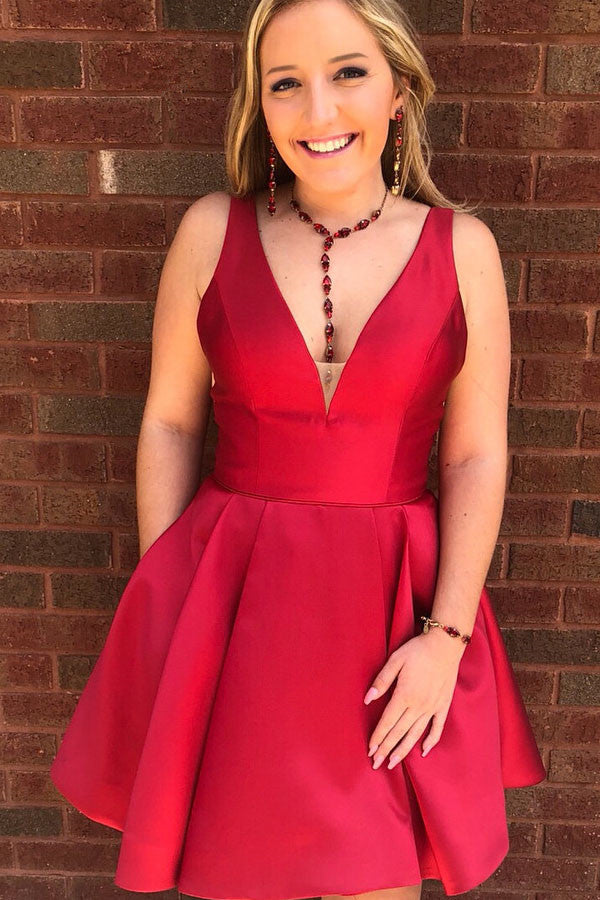 Princess A-line V Neck Short Red Homecoming Dresses – Dreamdressy