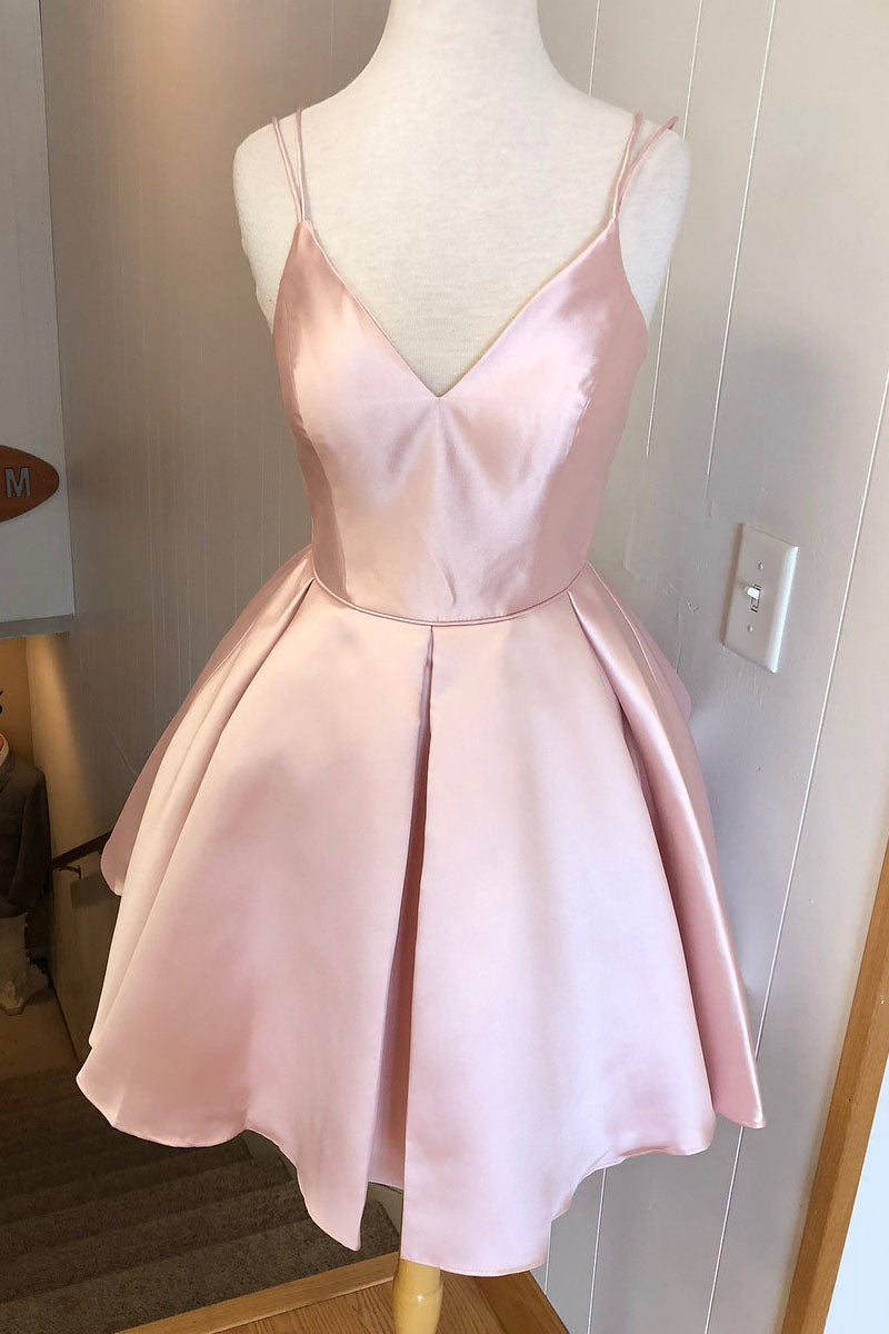 V Neck Straps Short Pink Homecoming Dress