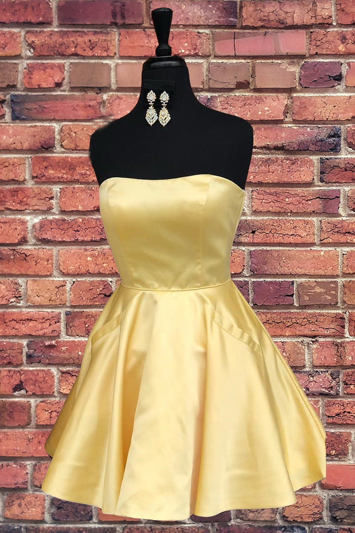 Simple Strapless Short Yellow Homecoming Dress with Pockets