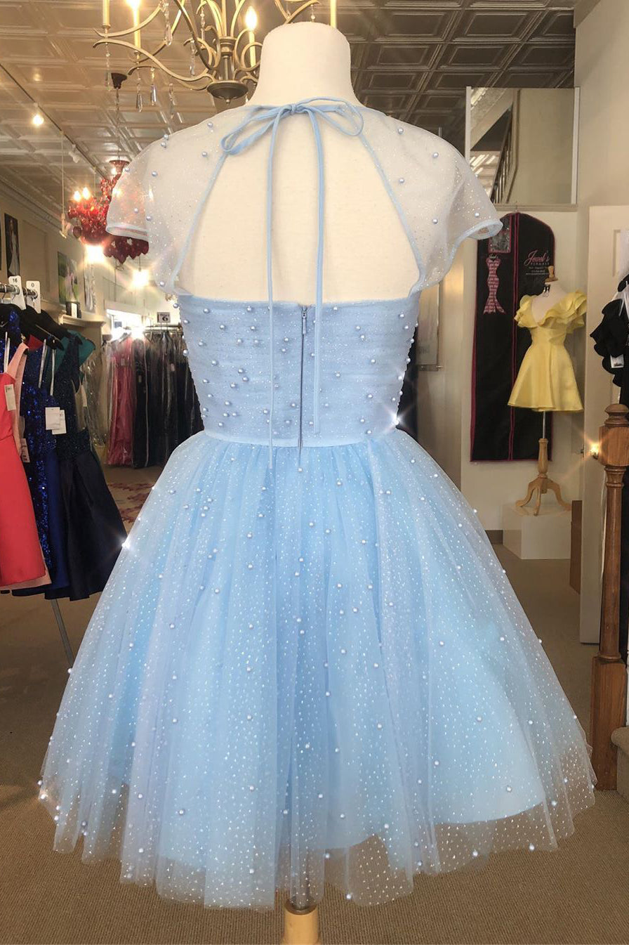 Sparkle Beaded Cap Sleeves Light Sky Blue Homecoming Dress – Dreamdressy