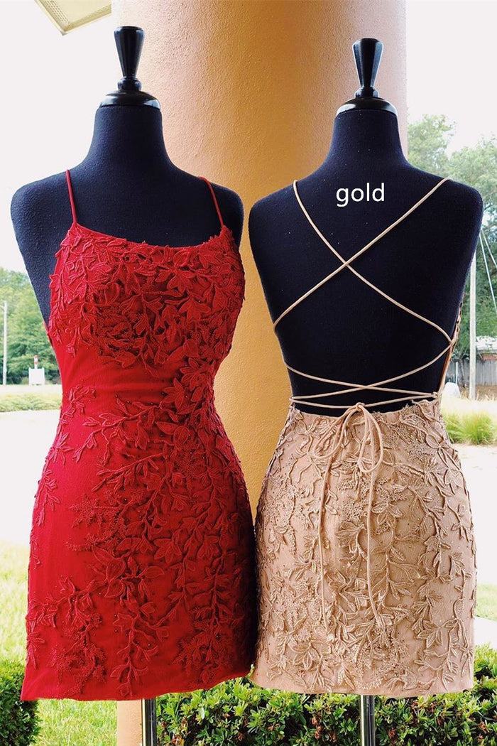 Tie Back Appliqued Sheath Red Homecoming Dress