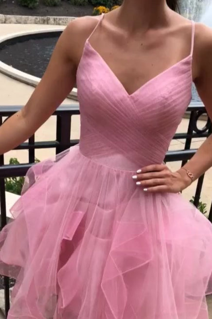Straps Pleated Pink Homecoming Dress with Ruffle