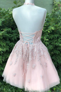 Halter Lace Appliques Pink Homecoming Dress with Lace-Up Back