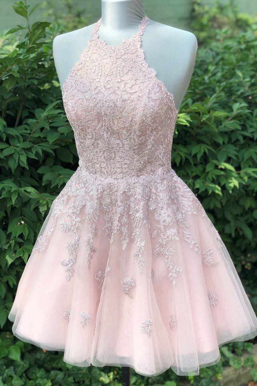 Halter Lace Appliques Pink Homecoming Dress with Lace-Up Back