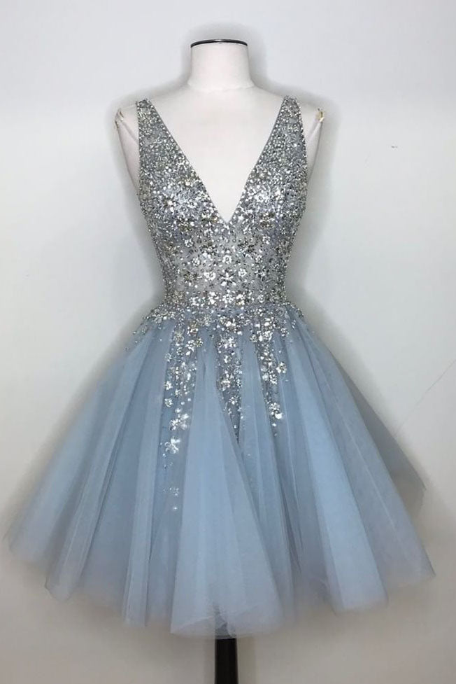 V-Neck Light Sky Blue Homecoming Dress with Sequins
