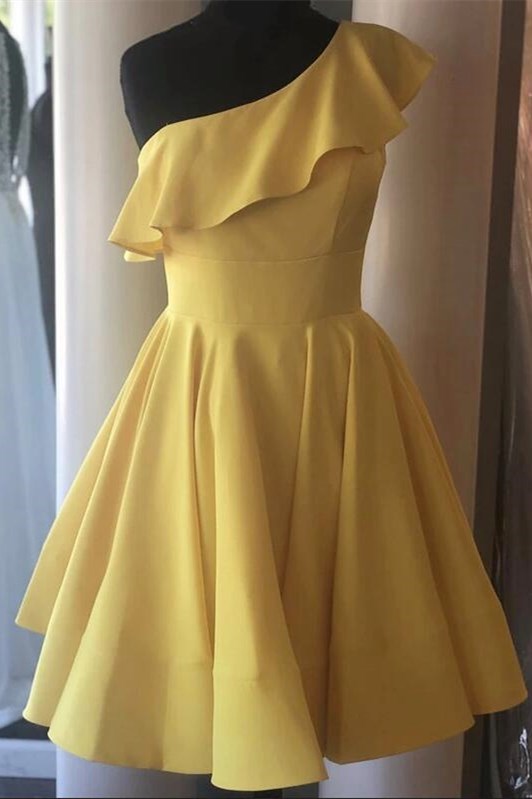 One Shoulder Ruffled Short Yellow Homecoming Dress