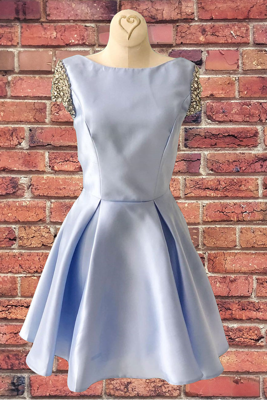 V-Back Short Sleeves Sky Blue Homecoming Dress with Crystals