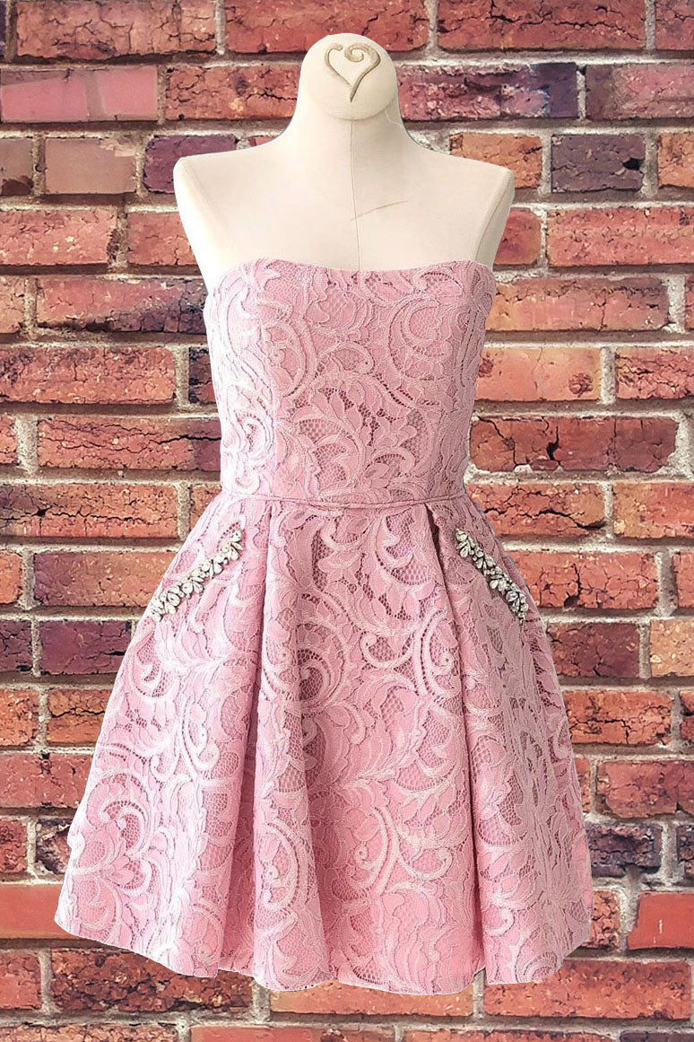 Strapless Lace Pink Homecoming Dress with Pockets