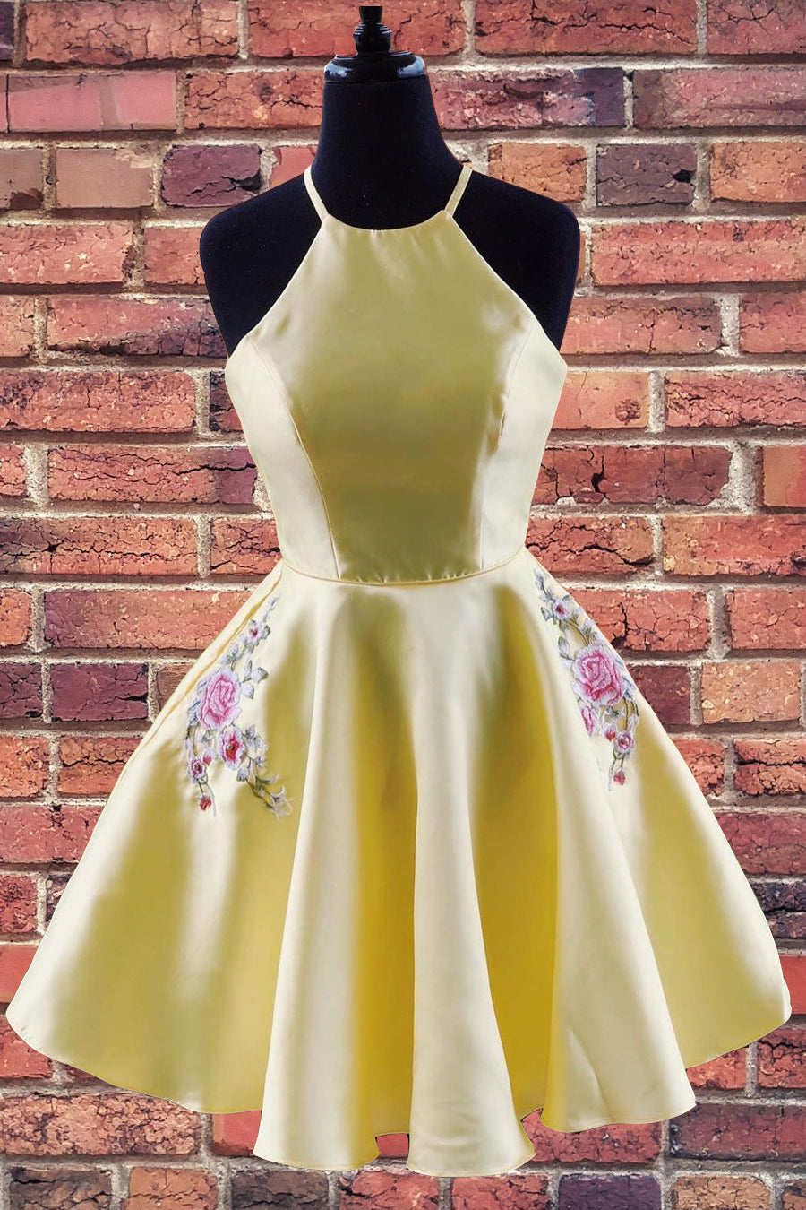 Halter Embroidered Yellow Homecoming Dress with Pockets