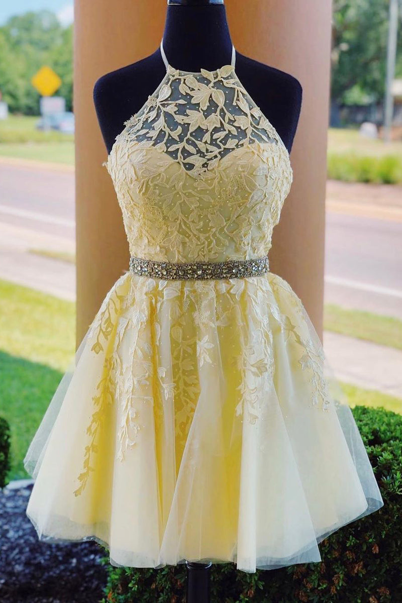 Halter Appliqued Yellow Homecoming Dress with Beading Belt