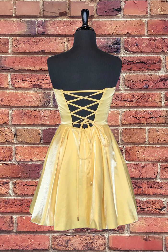 Strapless Lace-Up Yellow Satin Homecoming Dress