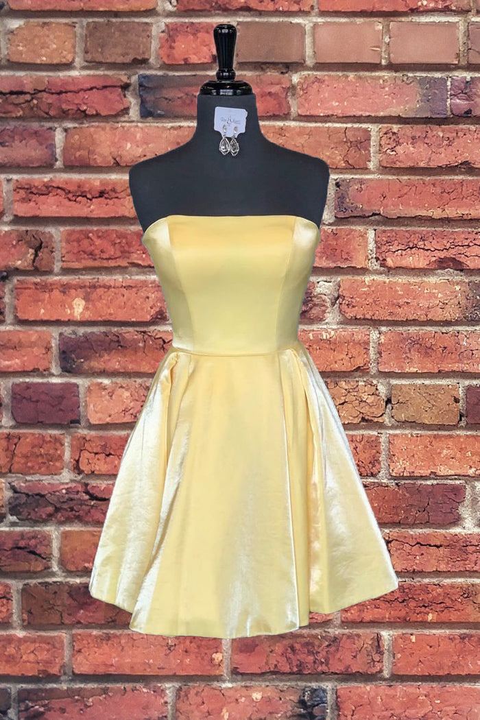 Strapless Lace-Up Yellow Satin Homecoming Dress