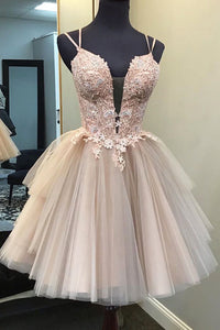 Blush Ball Gown Strappy Appliqued Homecoming Dress