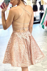 Lace Short Homecoming Dress with Criss Cross Back