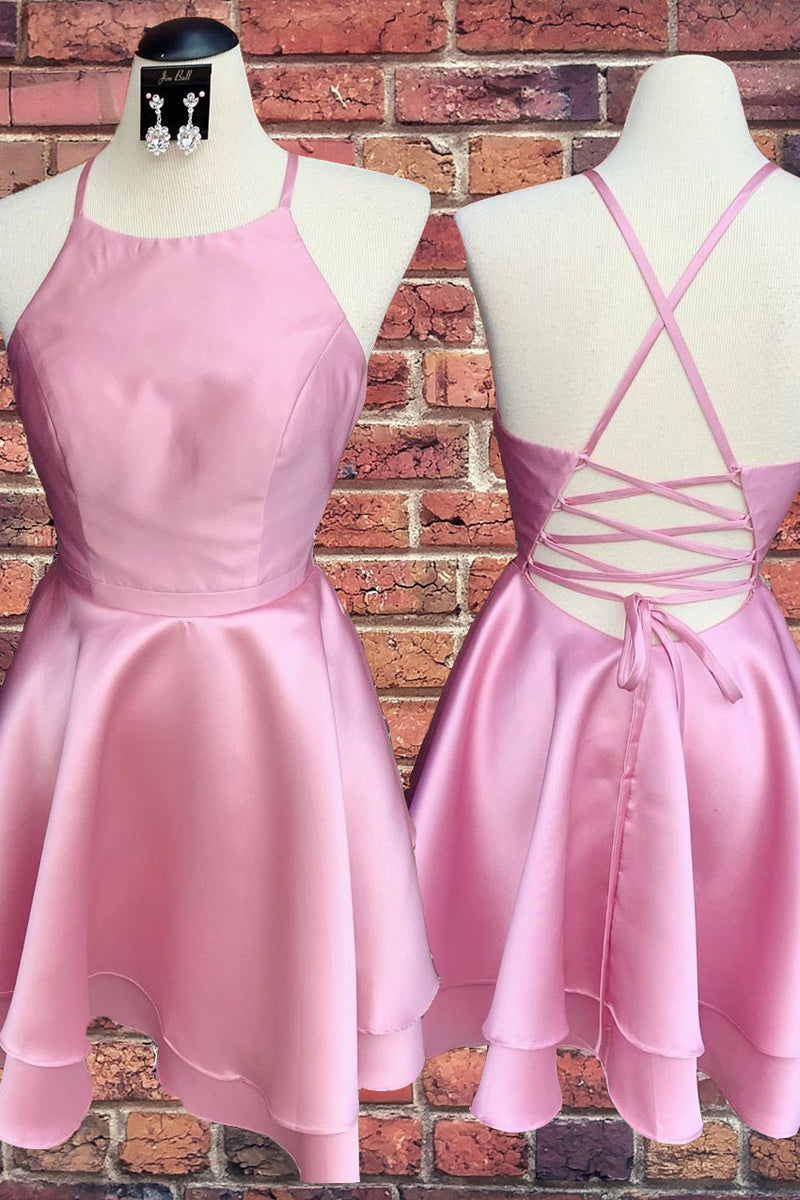 Simple Straps Short Pink Homecoming Dress