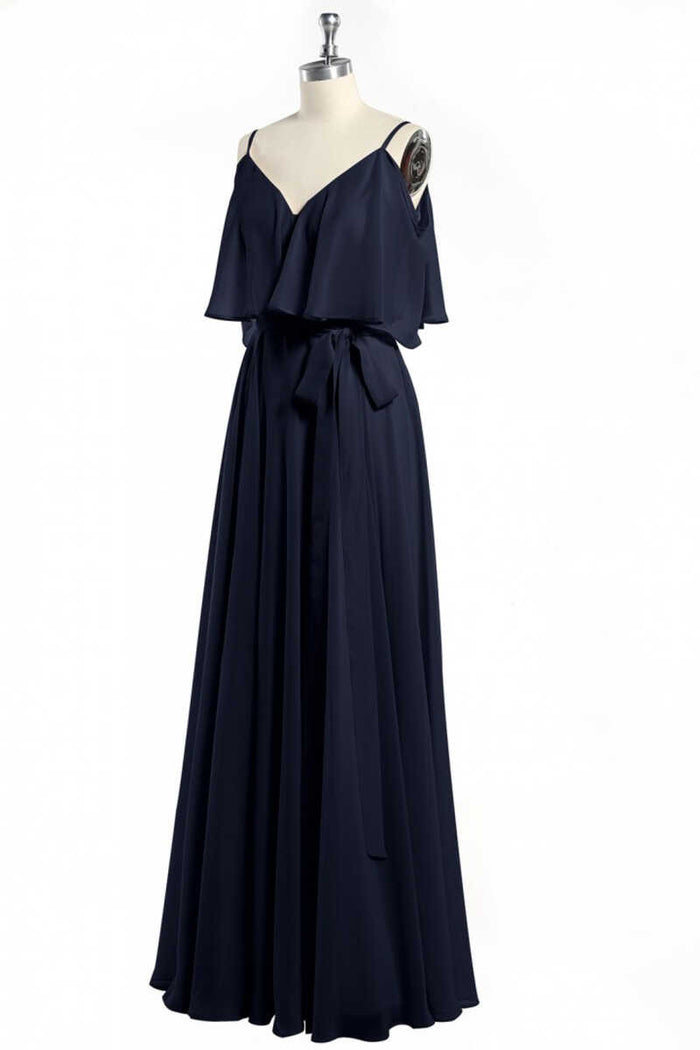 Black Chiffon V-Neck Ruffled A-Line Long Bridesmaid Dress