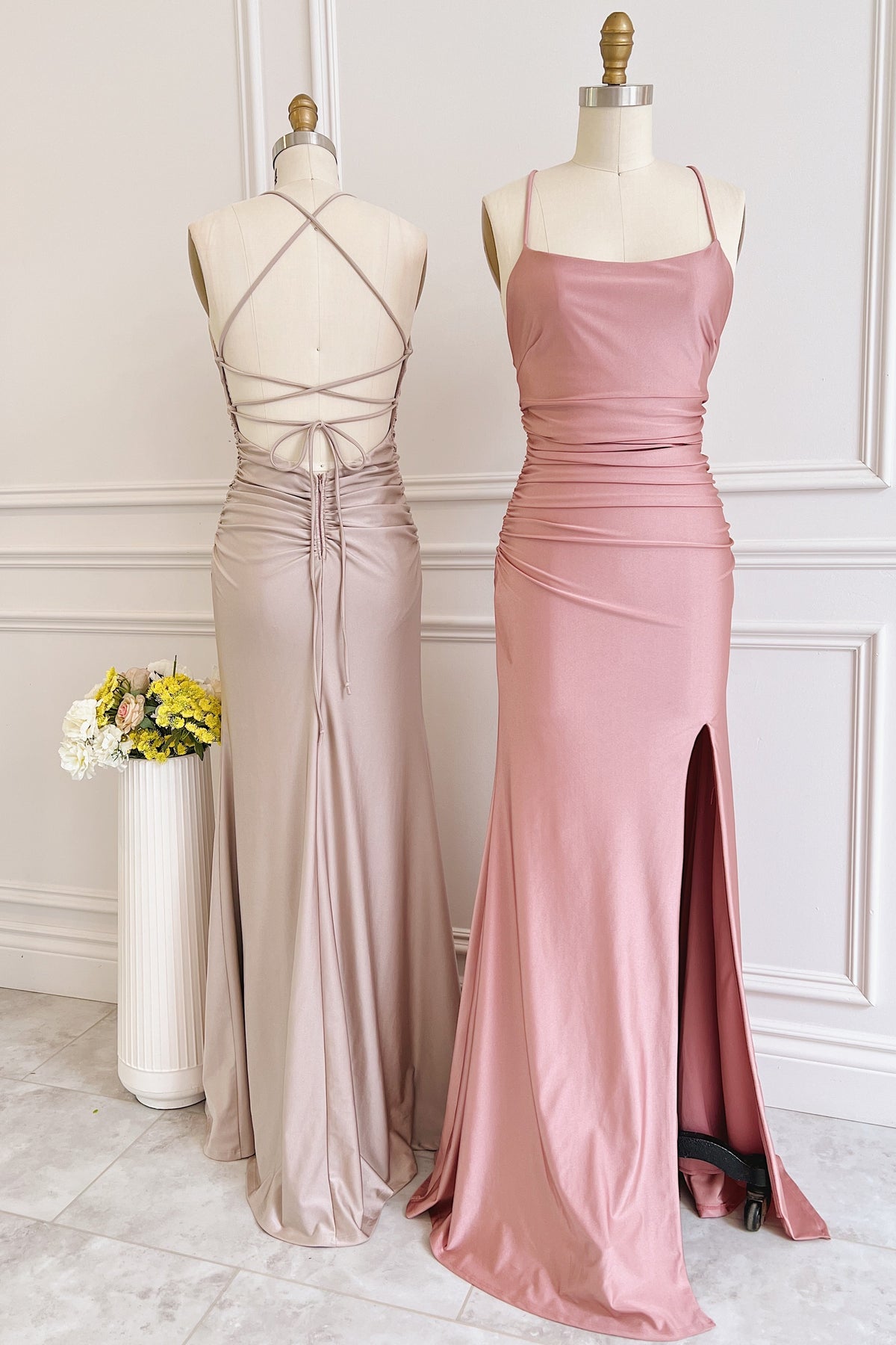 Dusty Pink Satin Lace-Up Sheath Long Bridesmaid Dress with Slit