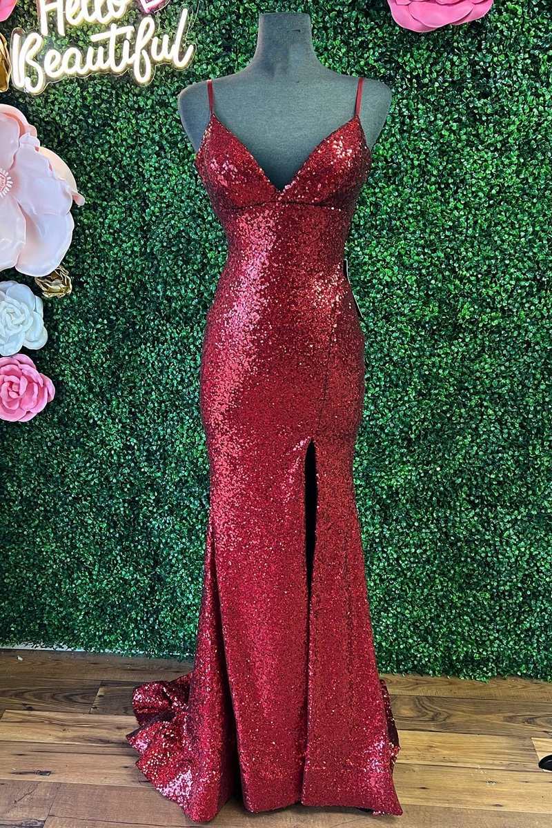 Wine Red Sequin Empire Waist Mermaid Long Formal Dress with Slit
