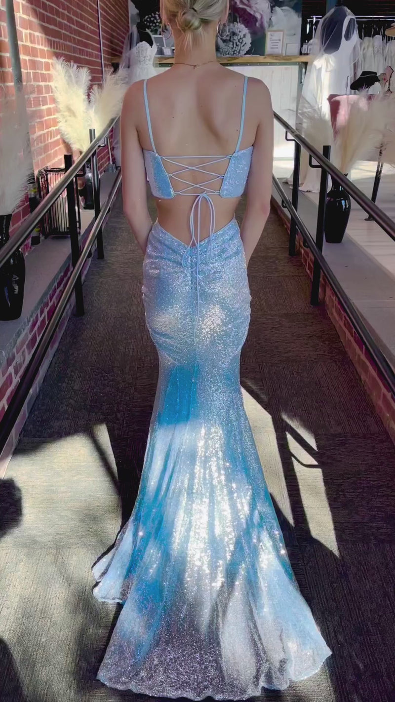 Light Blue Sequin Twist-Front Lace-Up Mermaid Long Prom Gown