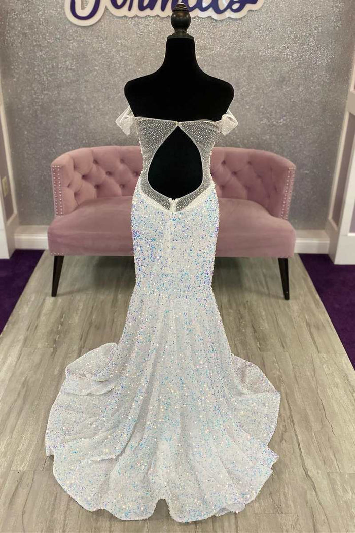 White Iridescent Sequin Off-the-Shoulder Cutout Back Trumpet Long Prom Dress