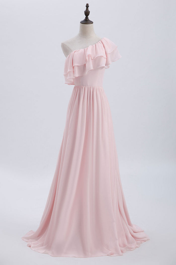 Ruffles Pink One Shoulder Chiffon A-line Long Bridesmaid Dress